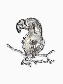 Брошь «Птица» какаду на ветке, цветная в серебре