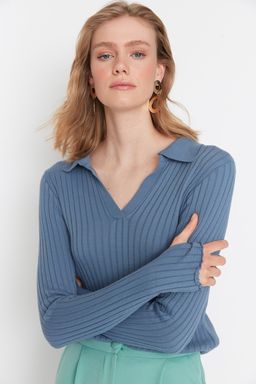 Indigo Kol Ucu Detayl? Polo Yaka Triko Kazak TWOAW21KZ1113