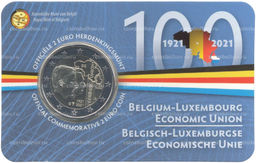 Монета 2 евро 2021 года Бельгия  100 лет Бельгийско-Люксембургскому экономическому союзу (Текст на лицевой стороне блистера на английском и фламандском)