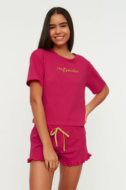 Trendyolmilla Fusya %100 Pamuklu Nak?sl? F?rf?r Detayl? Sortlu Orme Pijama Tak?m? THMSS20PT0165  фото 9