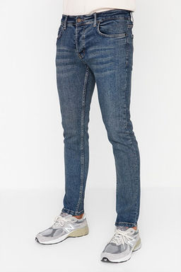Koyu Mavi Esnek Kuma_ Kahve Eskitme G_r_n_ml_ Skinny Fit Dar Kesim Jeans Kot Pantolon TMNAW23JE00047 - Trendyolmilla фото 2