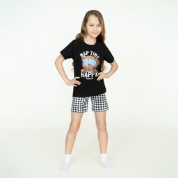 Пижама детская черная клетка спящий мишка