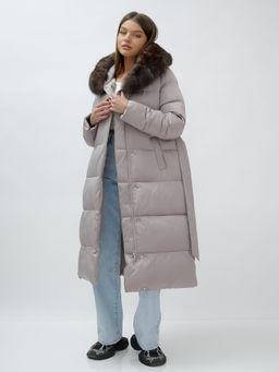 с мехом песец люкс класса Пальто зимние Бренд Visdeer, бежевого цвета  фото 22