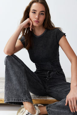 Antrasit Duz Y?kamal? Slim Bisiklet Yaka Crop Orme Bluz TWOSS24BZ00405