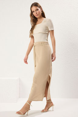 TRENDYOLMILLA Tas Kordon Kemerli Keten Kar?s?ml? Yandan Y?rtmacl? Maxi Boy Dokuma Etek TWOSS25ET00124 фото 5