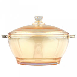 Кастрюля стеклянная "Гурман" 0,85л, д15,9см, h7,5см, основание д11,2см, общая h12,5см, стеклянная крышка ручка-кнопка, 2 ручки, янтарный перламутровый, в коробке (Китай)