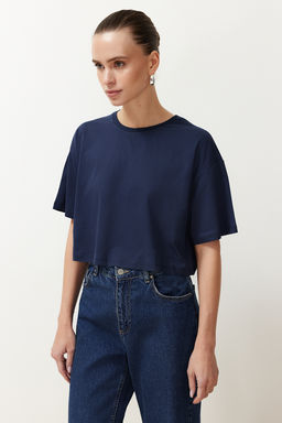 Lacivert-Fusya 2li Paket %100 Pamuk Relax/Rahat Kesim Crop Orme T-Shirt TWOSS24TS00224