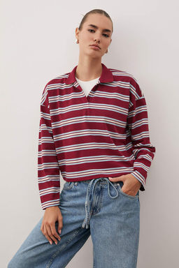 Bordo Cizgili Polo Yaka Oversize/Genis Kal?p Orme T-Shirt TWOAW26TS00020