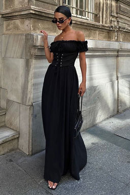 TRENDYOLMILLA Siyah A-Kesim Carmen Yaka Korse Gorunumlu S?k Abiye Elbise TPRSS25AE00133  фото 2