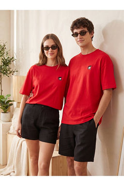 Unisex K_rm_z_ Oversize/Geni_ Kesim Mantar Nak__l_ %100 Pamuk T-Shirt TMNSS26TS00047