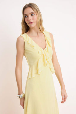 Sar? A-Kesim/Can Form V Yaka Kolsuz Volanl?/F?rf?rl? Midi Kopuk Orme Elbise TWOSS26EL00212