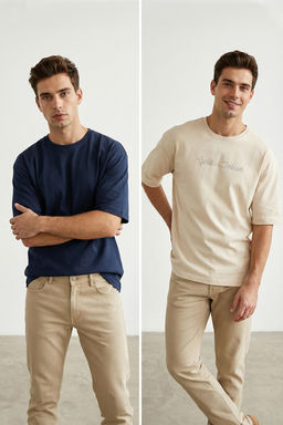 TRENDYOL MAN Lacivert-Bej Oversize/Genis Kesim 2li Paket Yaz? Bask?l?-Duz %100 Pamuk T-Shirt TMNSS25TS00215 - Trendyolmilla фото 14