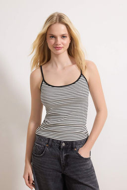 Cok Renkli-Siyah Cizgili Fitted/Vucuda Oturan Havuz Yaka Fitilli Esnek Orme Atlet TWOSS26AL00010 - Trendyolmilla фото 2