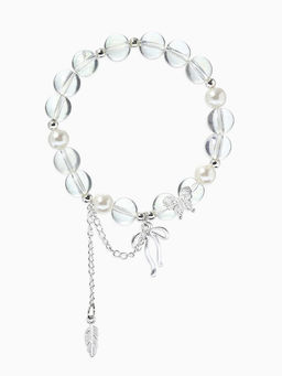 Браслет с подвесками "Сахарный" перо, бант, шар №10/8, цвет белый радужный в серебре