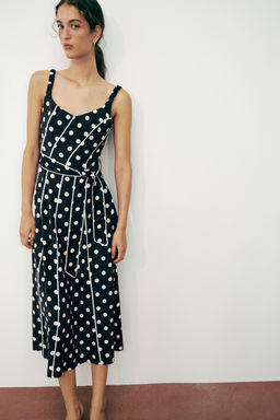 VESTIDO MIDI LUNARES CINTUR?N / Marino / Blanco