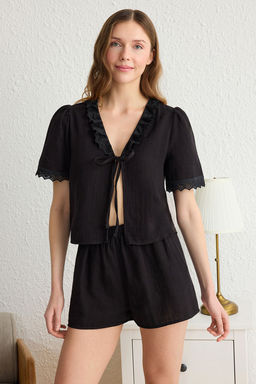 Trendyolmilla Pembe %100 Pamuklu Brodeli Baglama Detayl? Muslin Sortlu Dokuma Pijama Tak?m? THMSS25PT00029  фото 9