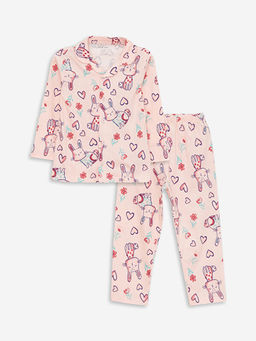 Polo Yaka Uzun Kollu Bask?l? K?z Bebek Pijama Tak?m?