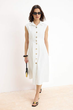 Ekru Dugmeli Midi Dokuma Gomlek Elbise TWOSS26EL00129