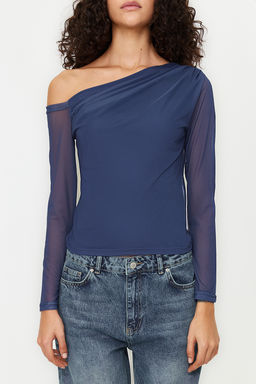 Trendyolmilla Petrol Tul Astarl? Asimetrik Yaka Orme Bluz TWOAW24BZ00051  фото 6