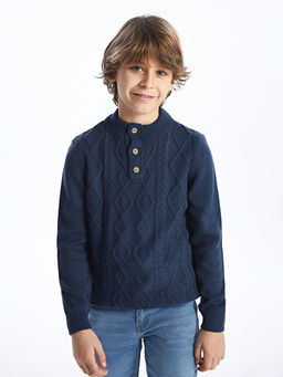 Dik Yaka Kendinden Desenli Erkek ?ocuk Triko Kazak