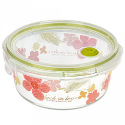 "Лак ин лав (Luck in love)" Контейнер стеклянный 600мл, д14,7см h6см, боросиликатное стекло, с деколью, круглый, пластмассовая крышка с пароотводом, герметичная, с клипсами, с силиконовым уплотнителем (Китай)