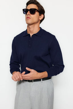 Lacivert Erkek Regular Polo Yaka Duz Triko Kazak TMNAW24KZ00067