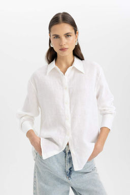 Oversize Genis Kal?p %100 Keten Uzun Kollu Gomlek - Defacto фото 5