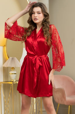 ESTER 7293 Короткий атласный запашной халат Mia-Amore с широкими длинными кружевными рукавами