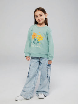 Bisiklet Yaka Bask?l? K?z ?ocuk Sweatshirt 2li