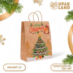 Цена за 6 шт. Пакет бумажный подарочный новогодний крафт «Ёлка», 33×26×12 см
