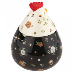 Банка для специй фарфоровая Петушок 460мл, д8-10,5см, h8,2см, с выемкой для ложки, общая h14,7см, металлическая ложка Веточка 12,3см, черный/бежевый с цветочками (Китай) - Домашняя мода фото 5