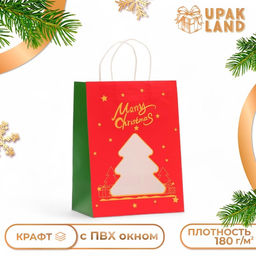 Цена за 12 шт. Пакет подарочный новогодний крафт, с окном Ёлка 19?26?13 см