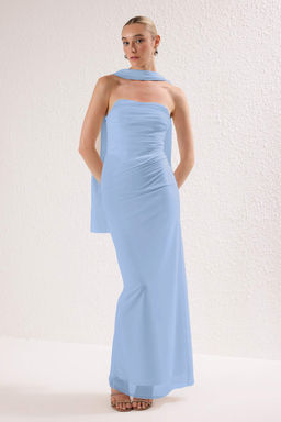 Ac?k Mavi Fularl? Tul Orme Maxi Abiye Gece Mezuniyet Elbisesi TPRSS25AE00056