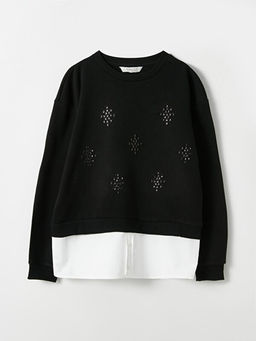 Bisiklet Yaka Ta? Bask?l? Uzun Kollu K?z ?ocuk Sweatshirt