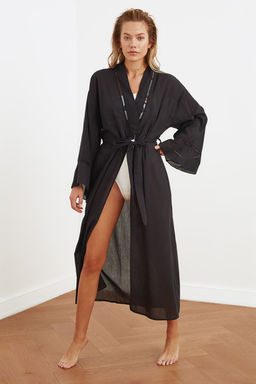 Plaj Giyim Siyah Kusakl? Dokuma Flaml? Pamuk Serit Aksesuarl? Maxi Kimono&Kaftan TBESS21KM0094 - Trendyolmilla фото 2