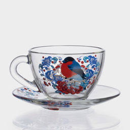 Чайная пара новогодняя Снегири на рябине, 200 мл, блюдце d=13 см, стекло, прозрачная