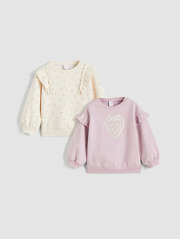 Bisiklet Yaka Bask?l? K?z ?ocuk Sweatshirt 2li