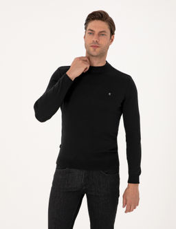 Siyah Slim Fit _eyrek Yaka Basic Triko Kazak