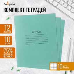 Набор тетрадей 12 листов в клетку Зелёная обложка, серые листы, 10 шт.