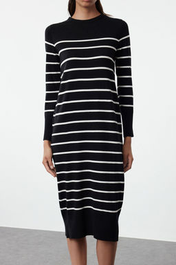 Siyah Midi Premium Iplik/Ozel Iplik Triko Basic Cizgili Elbise TWOAW25EL00093