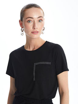 Bisiklet Yaka Parlak Ta?l? K?sa Kollu Kad?n Ti??rt