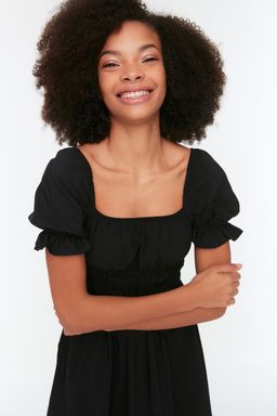 TRENDYOLMILLA K?rm?z? Belden Ac?lan Balon Kollu Midi Dokuma Elbise TWOSS22EL1768 фото 11