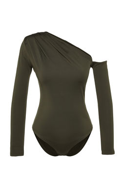 Haki Asimetrik Yaka Uzun Kollu Esnek C?tc?tl? Orme Body TWOAW22BD0080