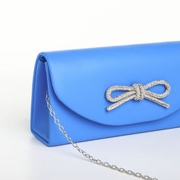 Сумка-клатч женская вечерняя на магните, на длинной цепочке, с декоративным бантом, синяя