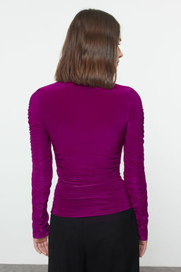 Mor Buzgu/Drape Detayl? Bal?kc? Yaka Fitted/Vucuda Oturan Orme Bluz TWOAW25BZ00174