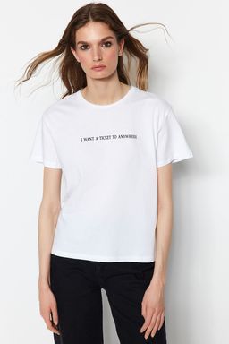 Beyaz %100 Pamuk Slogan Bask?l? Relaxed/Rahat Kesim Basic Bisiklet Yaka Orme T-Shirt TWOSS20TS0207