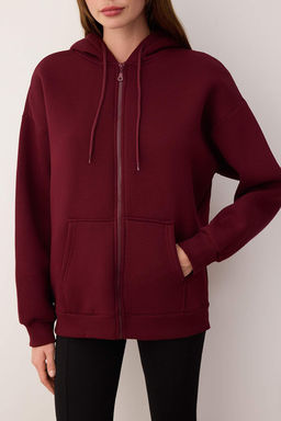 Bordo Oversize/Rahat Kesim Fermuarl? Kal?n Ici Polarl? Orme Sweatshirt TWOAW24SW00188