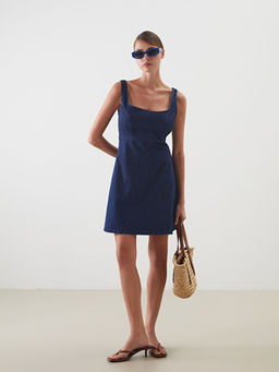 Kare Yaka Mini Jean Elbise