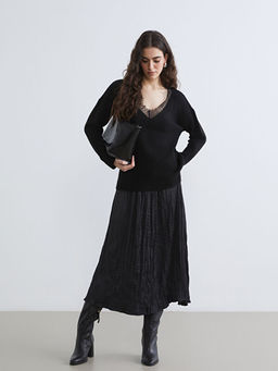 V Yaka Dantel Detayl? Oversize Kad?n Triko Kazak