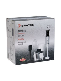 Блендер погружной BRAYER 1259BR, 800 Вт, 4 насадки, стакан 700 мл, чаша 500 мл, черный